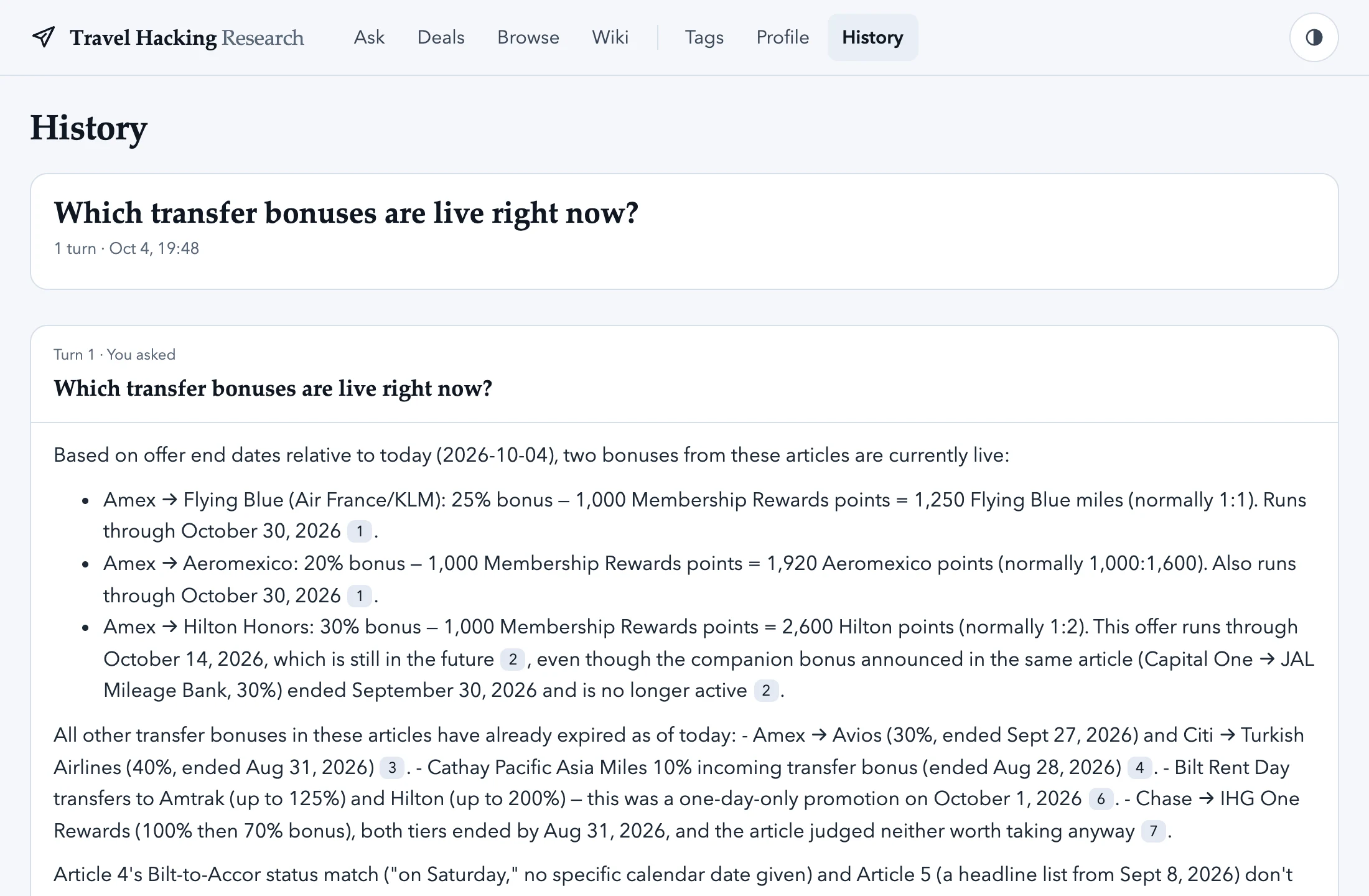 Travel Hacking Research answering which transfer bonuses are live right now, with numbered source citations